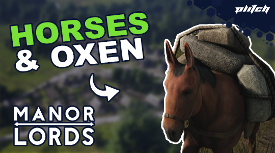 Brown horse with saddle and packs against a blurred background, with green and white text 'HORSES & OXEN' and white text 'MANOR LORDS'.