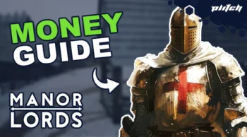 Medieval knight in armor with red cross on chest, next to text 'MONEY GUIDE MANOR LORDS'.