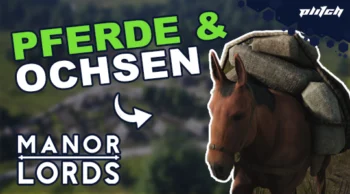 Braunes Pferd mit Sattel und Packtaschen vor unscharfem Hintergrund, daneben grüner und weißer Text 'PFERDE & OCHSEN' und weißer Text 'MANOR LORDS'.