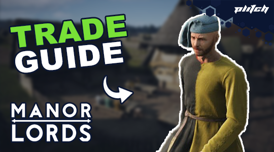 Man in medieval green tunic with belt standing in front of blurred buildings, text reads 'TRADE GUIDE MANOR LORDS'.