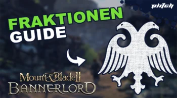 Weißer, stilisierter Adler mit ausgebreiteten Flügeln auf dunklem Hintergrund, darüber grüner Text 'FRAKTIONEN' und weißer Text 'GUIDE', darunter goldfarbener Schriftzug 'Mount & Blade II Bannerlord'.