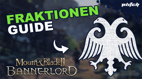 Weißer, stilisierter Adler mit ausgebreiteten Flügeln auf dunklem Hintergrund, darüber grüner Text 'FRAKTIONEN' und weißer Text 'GUIDE', darunter goldfarbener Schriftzug 'Mount & Blade II Bannerlord'.