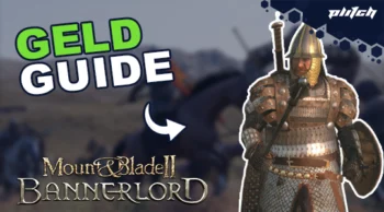 Ein Ritter in voller Rüstung mit Schwert und Schild, daneben der Text 'GELD GUIDE' und 'Mount & Blade II Bannerlord'.