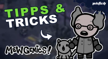 Comicfigur mit Brille und grauem Haar neben einem kleinen grauen Tier vor dunkelblauem Hintergrund mit grün-weißem Text 'TIPPS & TRICKS' und schwarzem Text 'MEWGENICS!'