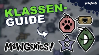 Grüne Schrift 'KLASSEN-GUIDE' mit Pfeil und vier stilisierten Symbolen neben dem Schriftzug 'MEWGENICS!'