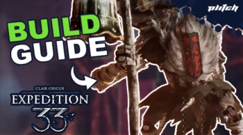 The image features a character from the game 'Clair Obscur: Expedition 33' wearing armor. On the left, the text 'BUILD GUIDE' is displayed in large green letters, with an arrow pointing to the character.