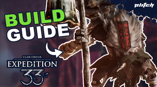 The image features a character from the game 'Clair Obscur: Expedition 33' wearing armor. On the left, the text 'BUILD GUIDE' is displayed in large green letters, with an arrow pointing to the character.