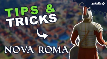 Rear view of a Roman statue wearing a helmet in front of a blurred crowd background with the text 'TIPS & TRICKS' and 'NOVA ROMA'