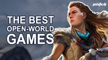 Portrait of a woman with long hair and an earpiece against a blurred mountain background with the text 'THE BEST OPEN-WORLD GAMES'