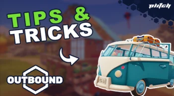 Green and white text 'TIPS & TRICKS' with arrow pointing to a blue and white retro camper van with luggage on the roof against a blurred background