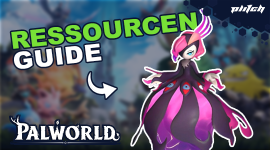 Palworld Ressourcenguide mit einer Figur in schwarzem und pinkem Kleid und dem Palworld-Logo