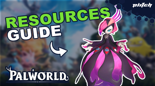 Palworld game character in purple and pink outfit next to text 'RESOURCES GUIDE' and Palworld logo