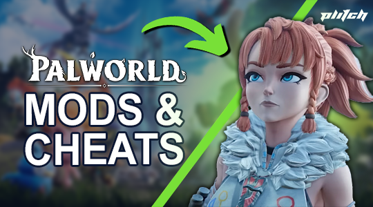 Portrait of a female game character with braided hair and blue fur collar next to the text 'PALWORLD MODS & CHEATS' on a green and black background