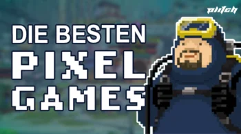 Pixelfigur mit blauer Kleidung und gelber Schutzbrille neben dem Text 'DIE BESTEN PIXEL GAMES' in Pixel-Schrift.