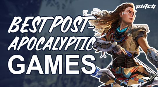 A post-apocalyptic game character with weapons next to the text 'BEST POST-APOCALYPTIC GAMES' on a dark background