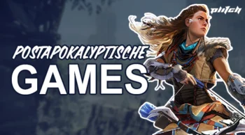 Eine Frau mit Bogen und Pfeilen in postapokalyptischer Kleidung vor einem unscharfen Hintergrund mit dem Text 'POSTAPOKALYPTISCHE GAMES'