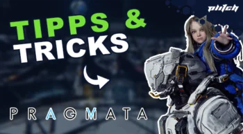 Figur in futuristischer Rüstung mit erhobener Hand vor dem Text 'TIPPS & TRICKS' und 'PRAGMATA'