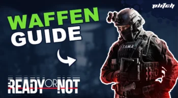 Soldat in taktischer Ausrüstung mit Helm und Nachtsichtgerät, hält eine Waffe, daneben der Text 'WAFFEN GUIDE' und 'READY OR NOT'.