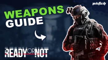 Soldier in tactical gear with helmet and night vision device holding a weapon, next to text 'WEAPONS GUIDE' and 'READY OR NOT'.
