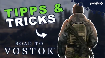 Rückansicht eines bewaffneten Soldaten mit Rucksack vor unscharfem Waldhintergrund und dem Text 'TIPPS & TRICKS' sowie 'ROAD TO VOSTOK'