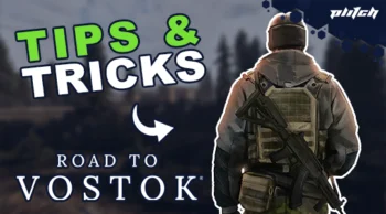 Rear view of an armed soldier with backpack against a blurred forest background with the text 'TIPS & TRICKS' and 'ROAD TO VOSTOK'