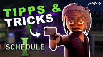 Animierte Figur mit einer Waffe und dem Text „Tipps & Tricks Schedule I” sowie dem „PLITCH”-Logo