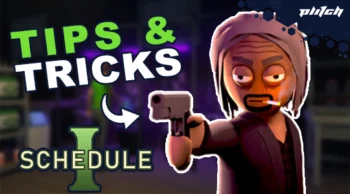 Animated character holding a gun with text 'Tips & Tricks Schedule I' and 'PLITCH' logo