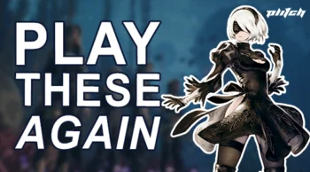 A female game character with short light hair, black blindfold, and black dress stands against a blurred blue background next to the text 'PLAY THESE AGAIN'