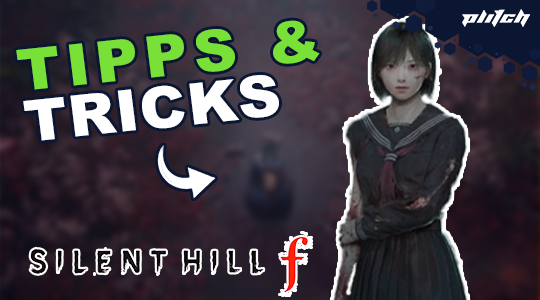 Junge Person in dunkler Schuluniform mit verschränkten Armen, daneben der Text 'TIPPS & TRICKS' und 'SILENT HILL f'.