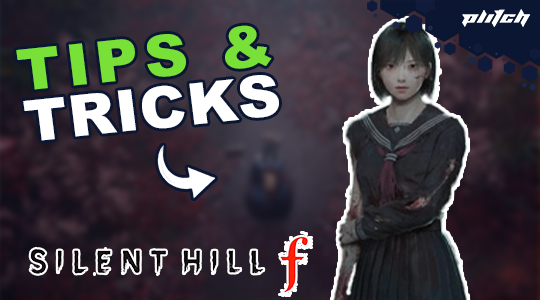 Young person in dark school uniform with crossed arms, next to the text 'TIPS & TRICKS' and 'SILENT HILL f'.
