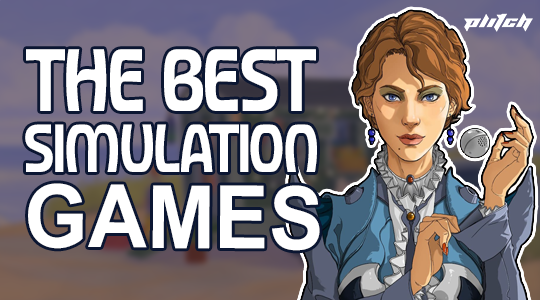 Illustration of a person gesturing with one hand in front of the text 'THE BEST SIMULATION GAMES' in uppercase letters.