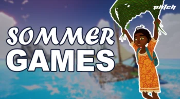 Illustration eines Kindes mit orangefarbenem Kleid, das grüne Blätter über dem Kopf hält, vor einem Hintergrund mit Wasser und Himmel, Text 'Sommer Games'