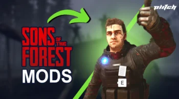 Figur mit erhobenem Daumen vor grünem Pfeil und rotem Text 'SONS OF THE FOREST MODS' auf dunklem Hintergrund