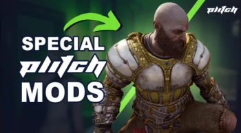 Armored figure with blurred face in front of green arrow and text 'SPECIAL plitch MODS'