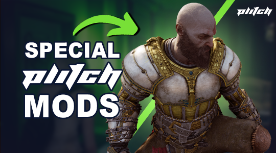 Armored figure with blurred face in front of green arrow and text 'SPECIAL plitch MODS'