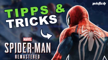 Spider-Man in rotem und blauem Anzug mit weißem Spinnensymbol auf dem Rücken, Blick von hinten, daneben grüner und weißer Text 'TIPPS & TRICKS' und darunter das Logo 'MARVEL SPIDER-MAN REMASTERED'.