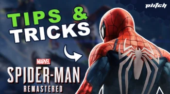 Spider-Man in red and blue suit with white spider emblem on back, viewed from behind, with green and white text 'TIPS & TRICKS' and 'MARVEL SPIDER-MAN REMASTERED' logo below.