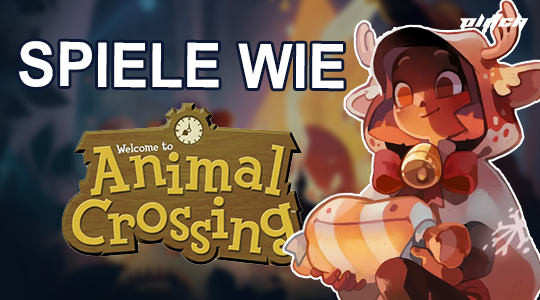 Schreib „Spiele wie Animal Crossing“ mit dem Logo von Animal Crossing und einer Comicfigur, die Süßigkeiten hält.