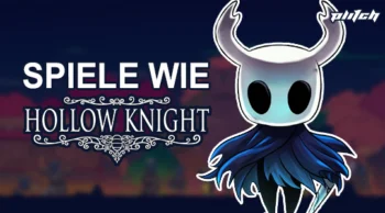 Figur mit großem, weißem Kopf und schwarzen Augen sowie blauem Umhang vor dunklem Hintergrund mit Text 'SPIELE WIE HOLLOW KNIGHT'