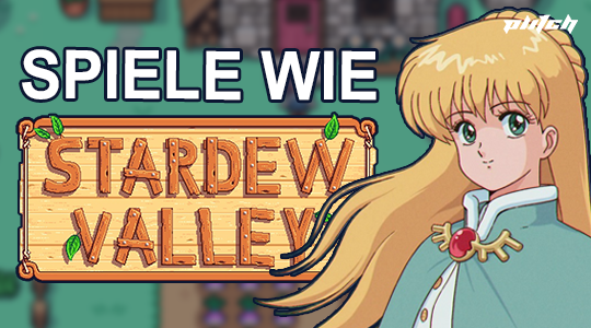 Text 'Spiele wie Stardew Valley' neben einer Anime-Figur mit langen blonden Haaren und weißem Mantel vor einem unscharfen Hintergrund