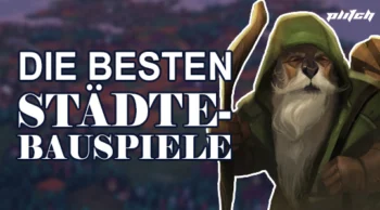 Ein bärtiger, mit Kapuze und Stab bekleideter Charakter neben dem Text 'DIE BESTEN STÄDTEBAUSPIELE' in Großbuchstaben.