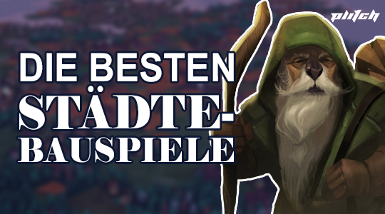 Ein bärtiger, mit Kapuze und Stab bekleideter Charakter neben dem Text 'DIE BESTEN STÄDTEBAUSPIELE' in Großbuchstaben.