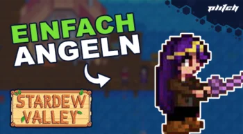 Pixelgrafik einer Figur mit lila Haaren, die eine Angelrute hält, daneben der Text 'EINFACH ANGELN' und ein Holzschild mit der Aufschrift 'STARDEW VALLEY'