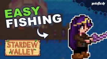 Pixelated game character holding a fishing rod against a blue background with the text 'EASY FISHING' and a wooden sign reading 'STARDew VALLEY'.