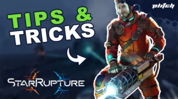 A character in an orange space suit holding a large futuristic gun stands against a dark background with hexagonal patterns, next to the text 'TIPS & TRICKS' and the 'StarRupture' logo.