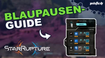 Text 'BLAUPAUSEN-GUIDE' in grüner und weißer Schrift mit Pfeil auf ein Spielmenü von Starrupture.