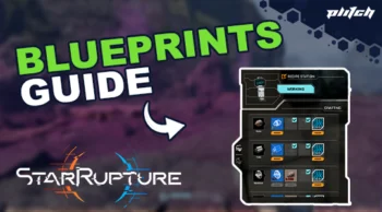 Graphic showing the text 'BLUEPRINTS GUIDE' with an arrow pointing to a game menu featuring icons and text from Starrupture.