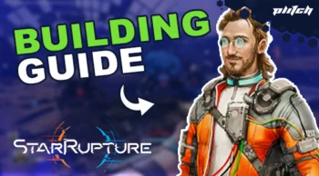 Figure in orange and white space suit jacket with technical details against a blue background with the words 'BUILDING GUIDE' and the 'STARRUPTURE' logo.