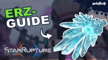 Leuchtend blaue Kristallformation rechts, links der Text 'ERZ-GUIDE' mit Pfeil darauf, im Hintergrund unscharfe Figur und das Logo 'StarRupture'.