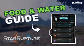 Text 'FOOD & WATER GUIDE' with arrow pointing to a Starrupture game menu showing a recipe station with ingredients and progress bars.
